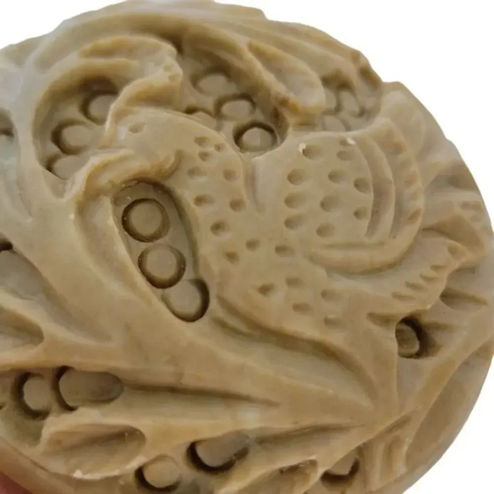 Vintage Hand Carved Soapstone Trinket Box Round Small Bird Carving Boho Deco Box